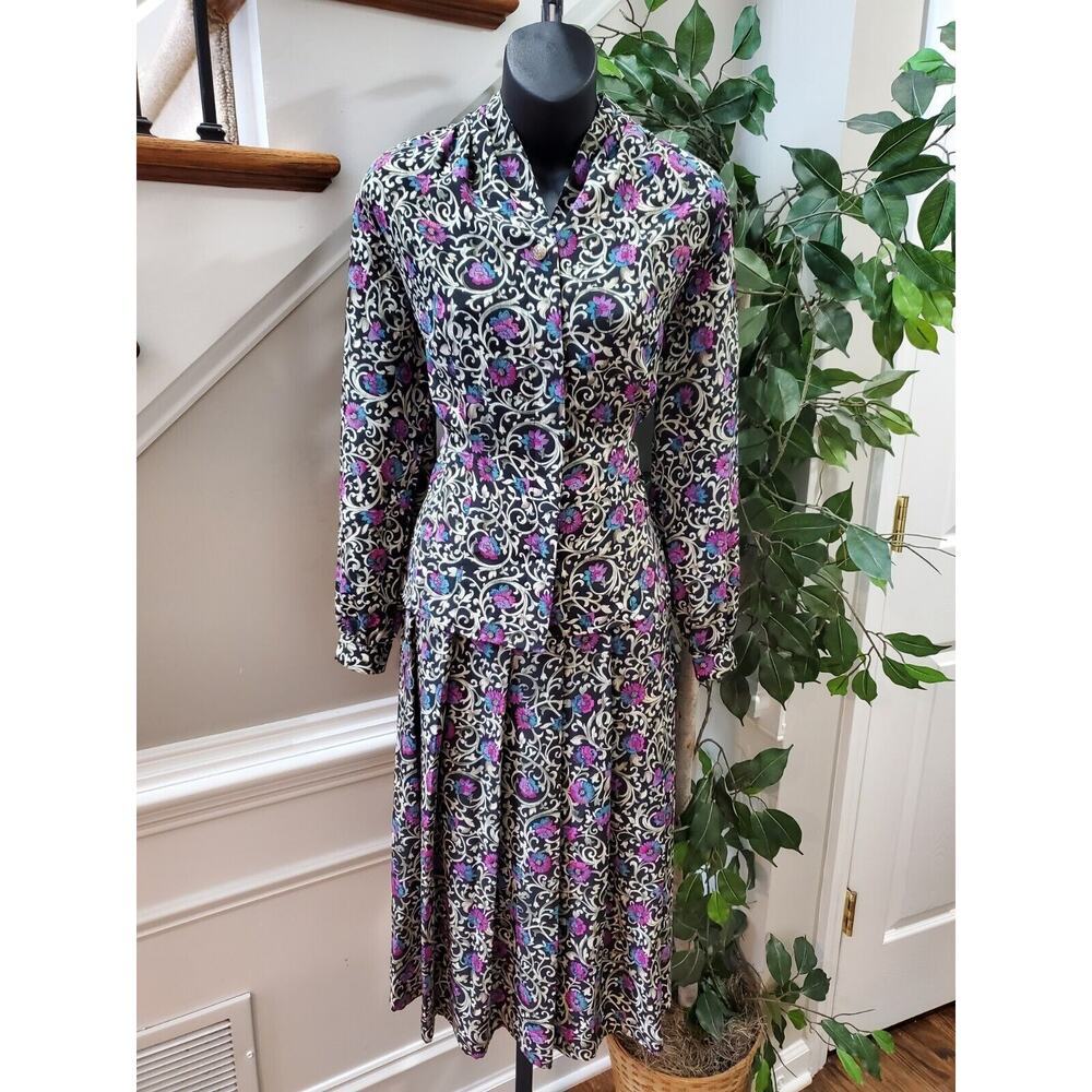Vintage Fox Croft Floral Polyester Long Sleeve Blazer & Skirt 2 Pc's Suit Size 4